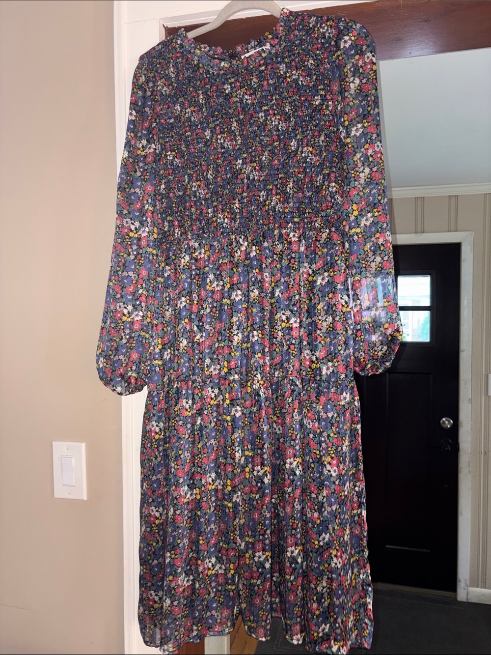 MELLODAY Navy Floral Smocked Long-Sleeve Midi Dress
